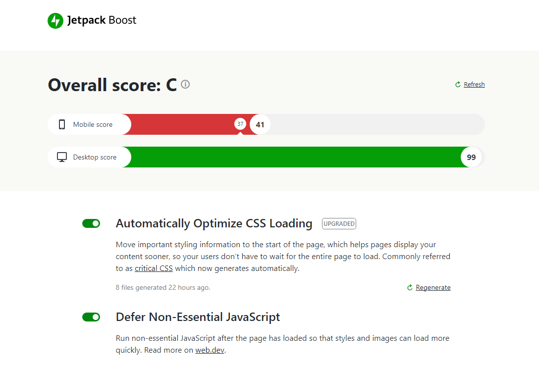 Jetpack Boost website speed score