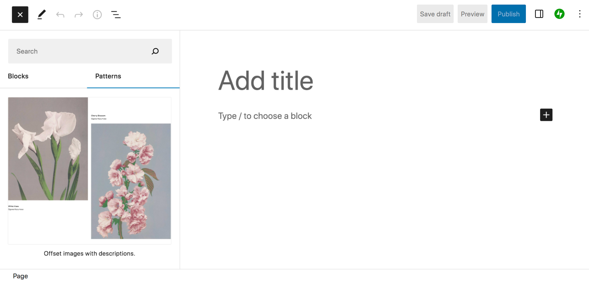 block patterns open in the left-hand panel of the block editor