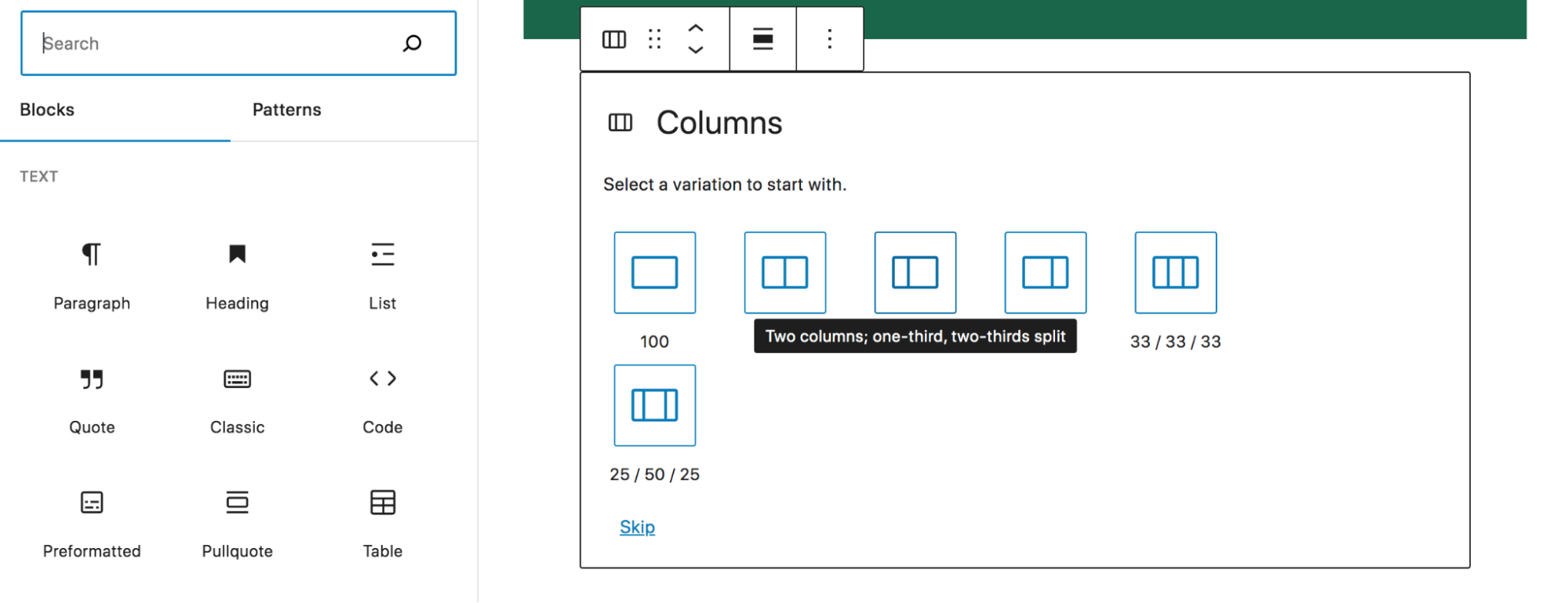 adding columns to a page with the block editor