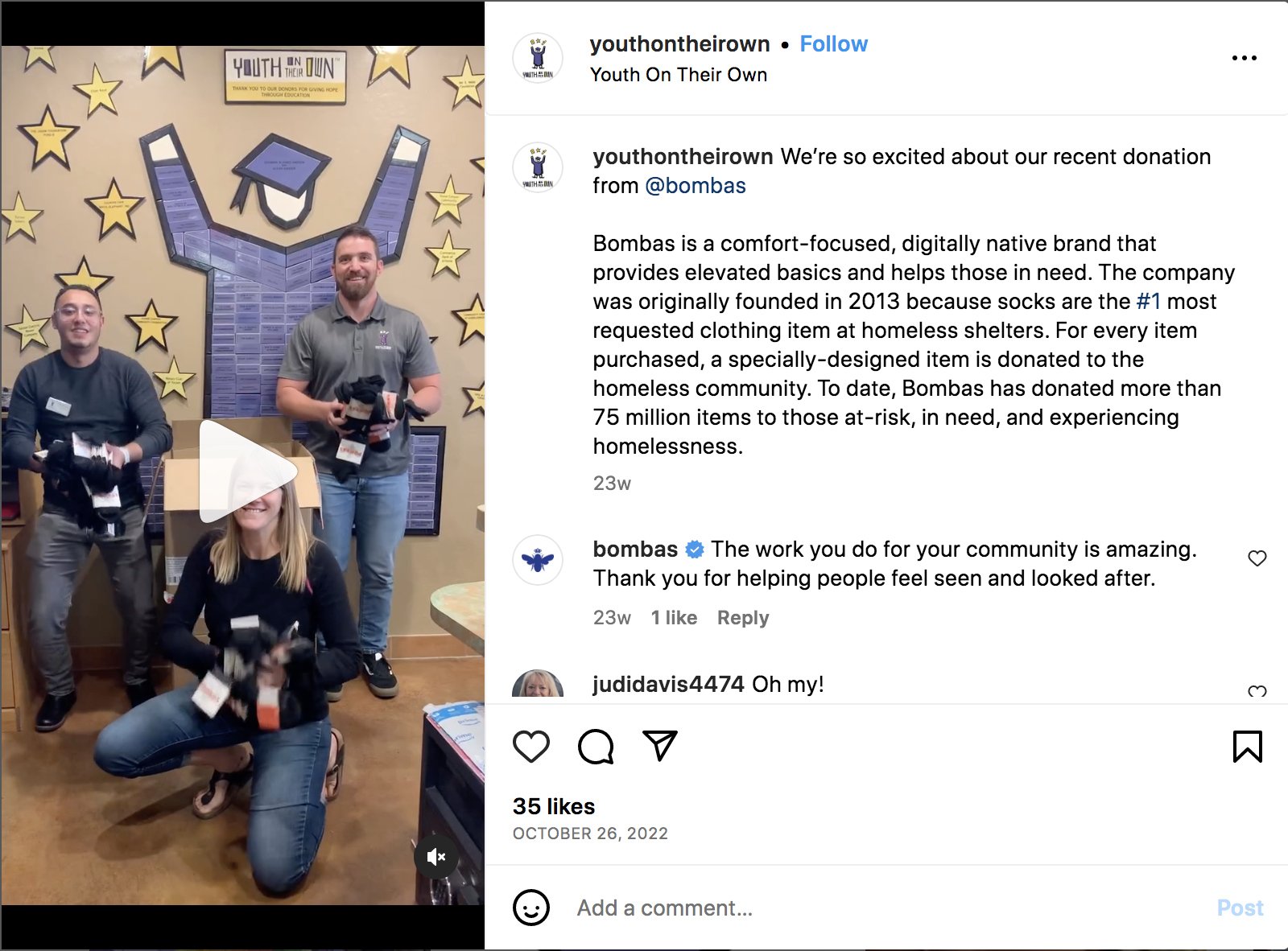Instagram post from Youth on Their Own, a nonprofit organization