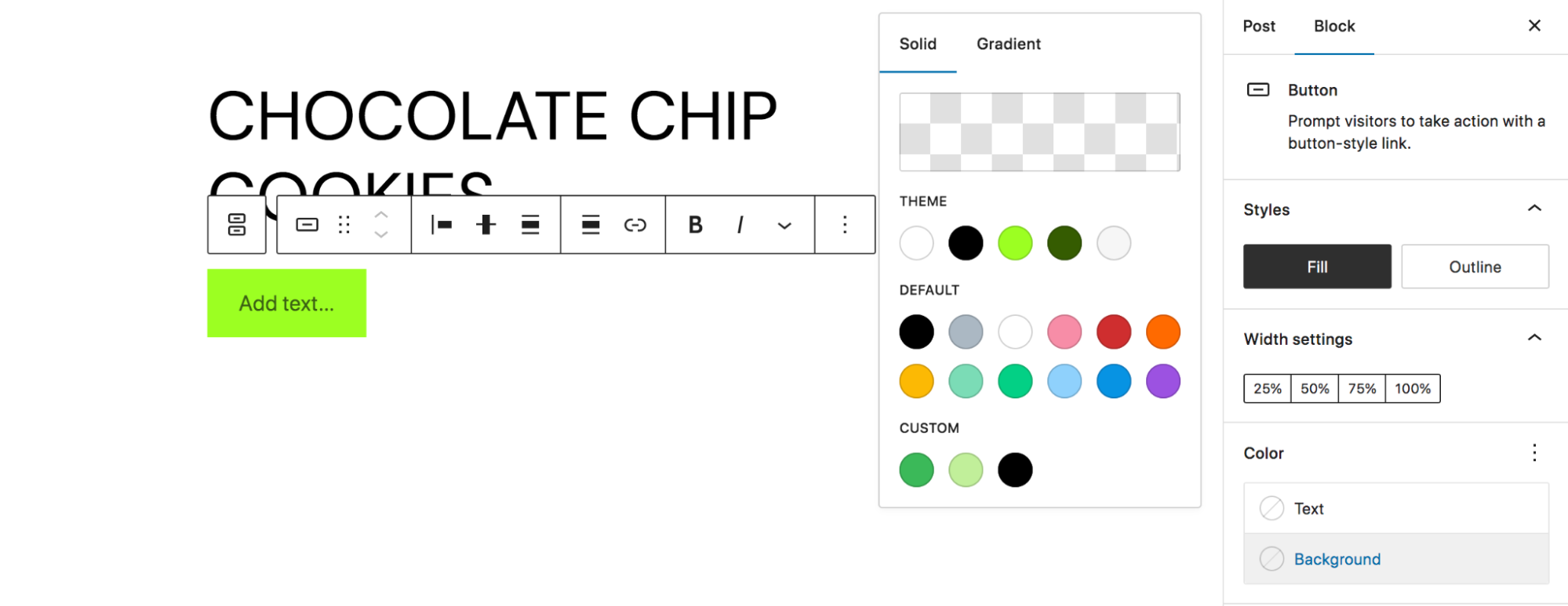 editing global colors for a Button block