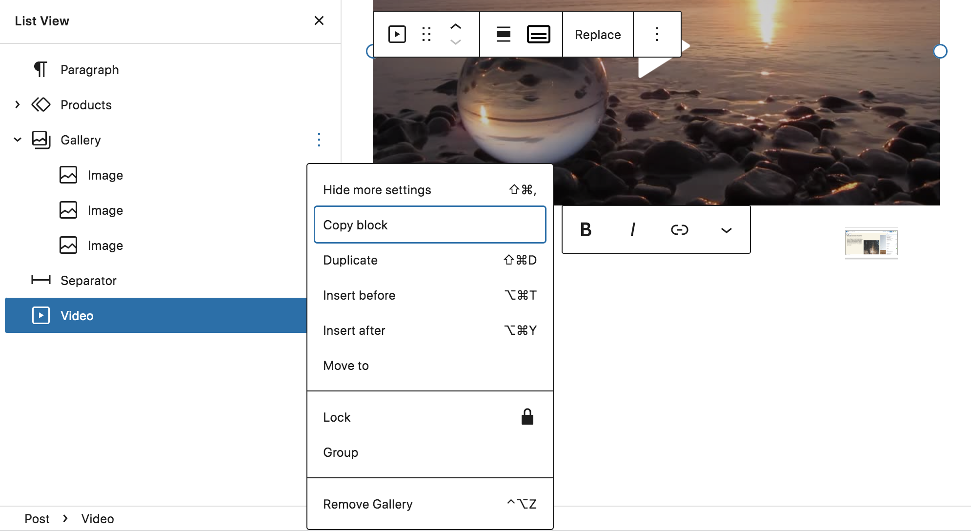 editing a block in list view