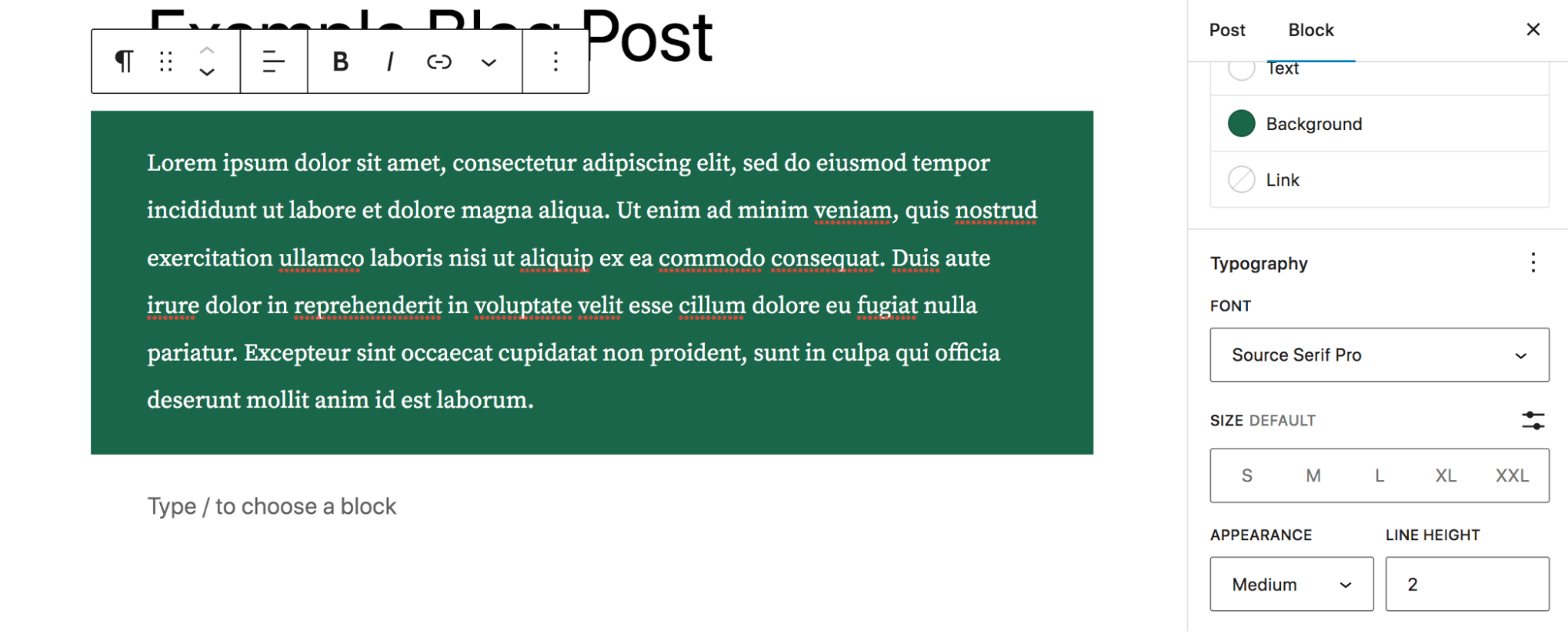typography options for a Paragraph block
