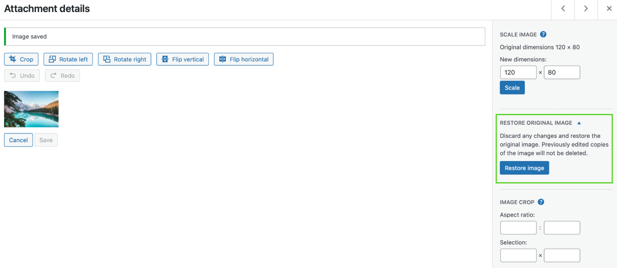 option to restore an image in WordPress