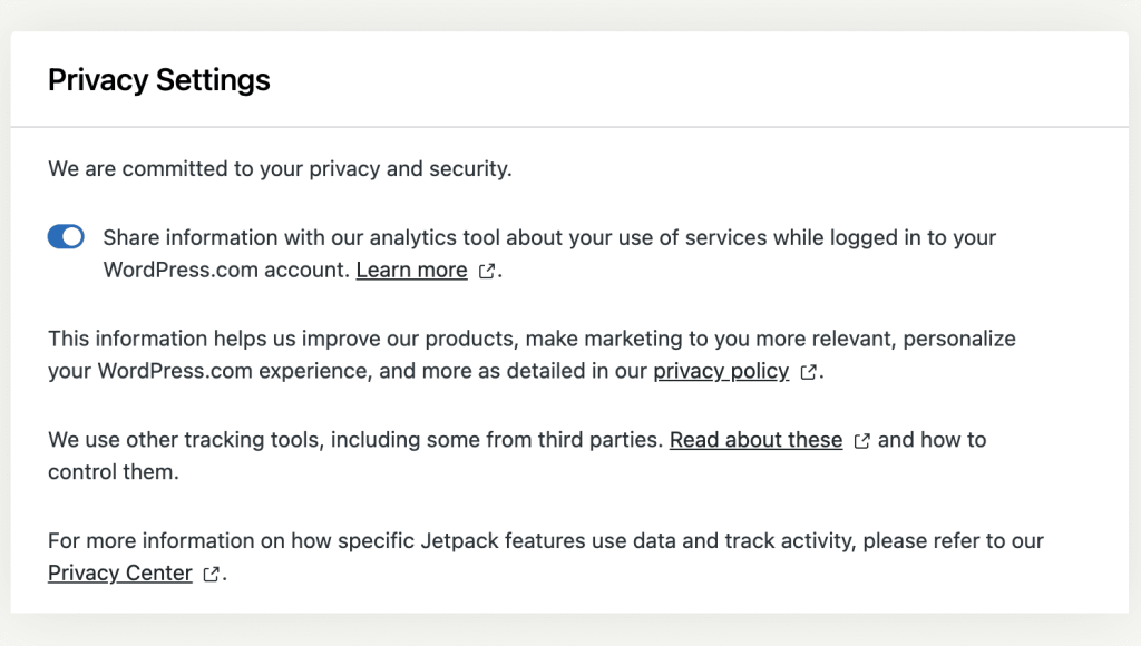 Screenshot of the Privacy Settings tab in Jetpack, with the toggle on/off button to share information with our analytics tool. 