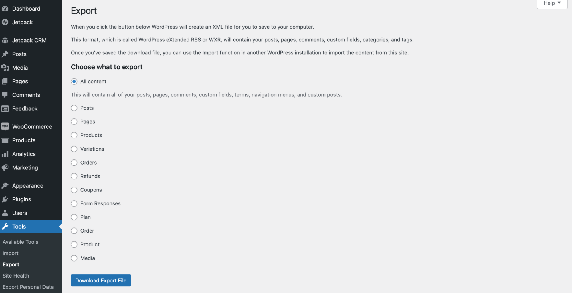 export options in WordPress