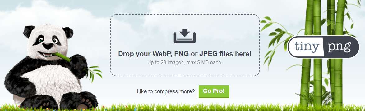 TinyPNG tool homepage with illustrations of pandas and bamboo