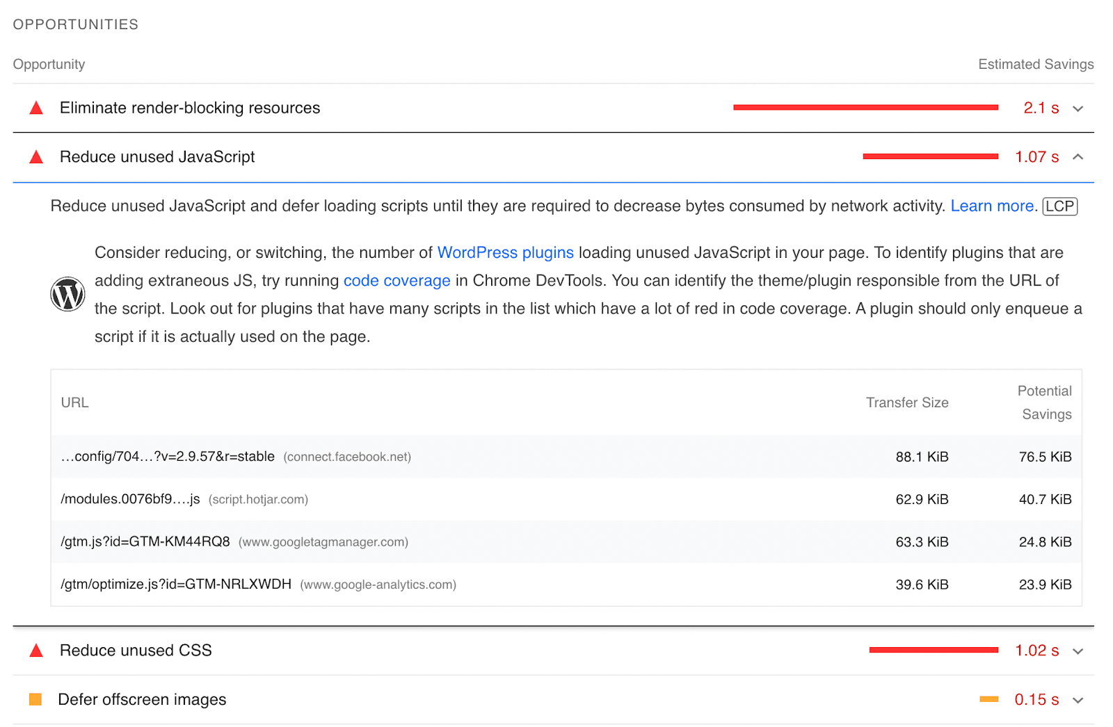 list of unused JavaScript on a website