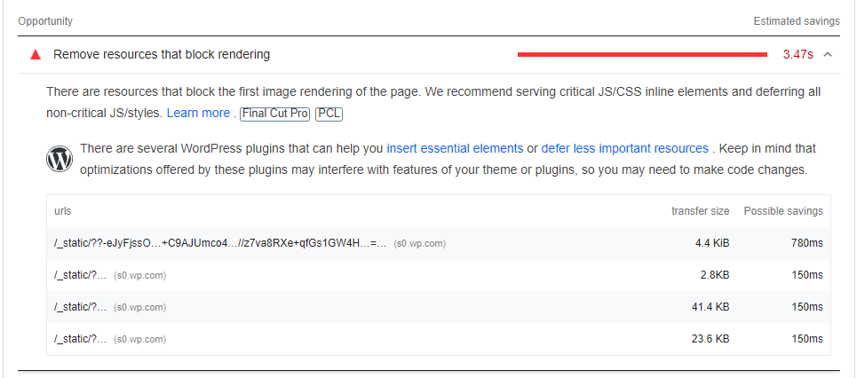 list of render-blocking resources from Google PageSpeed