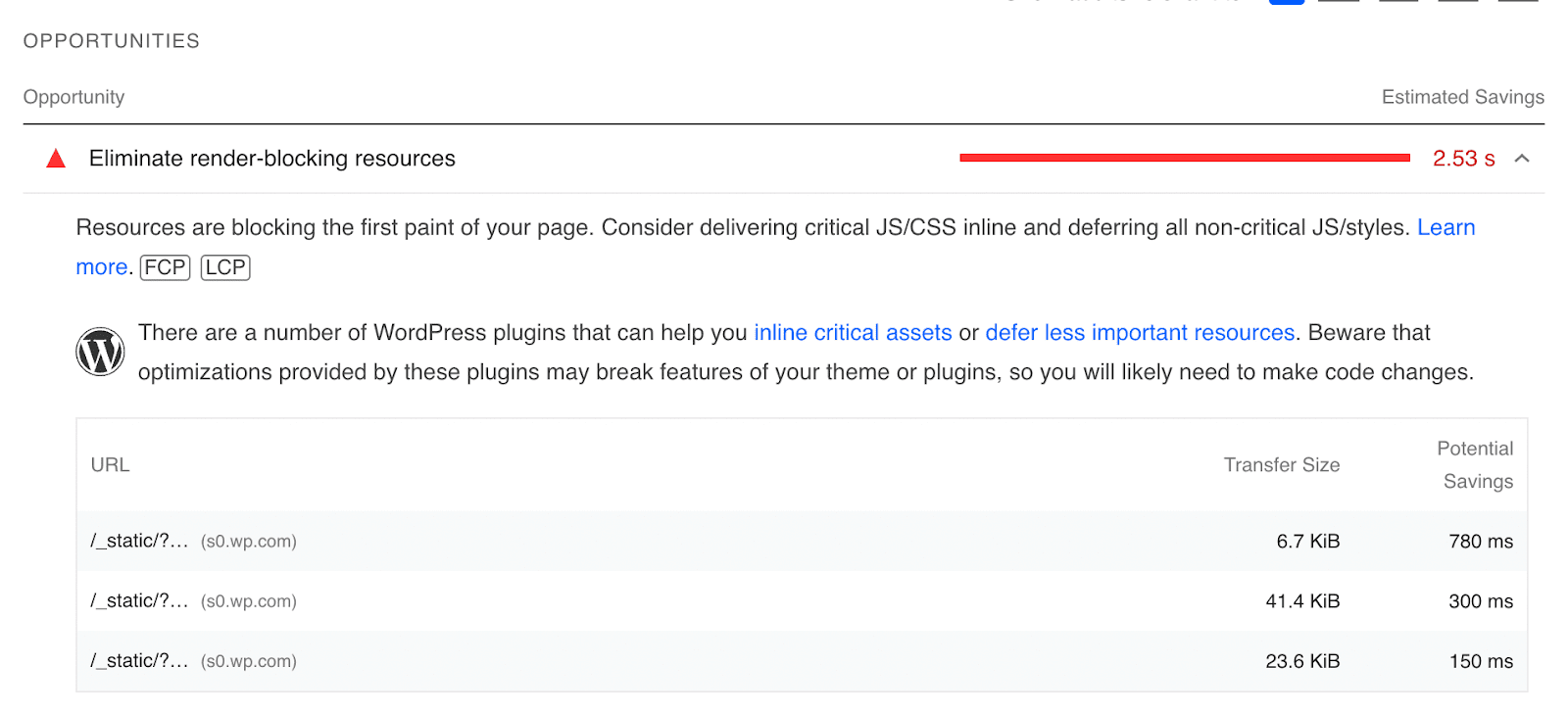 list of render-blocking resources