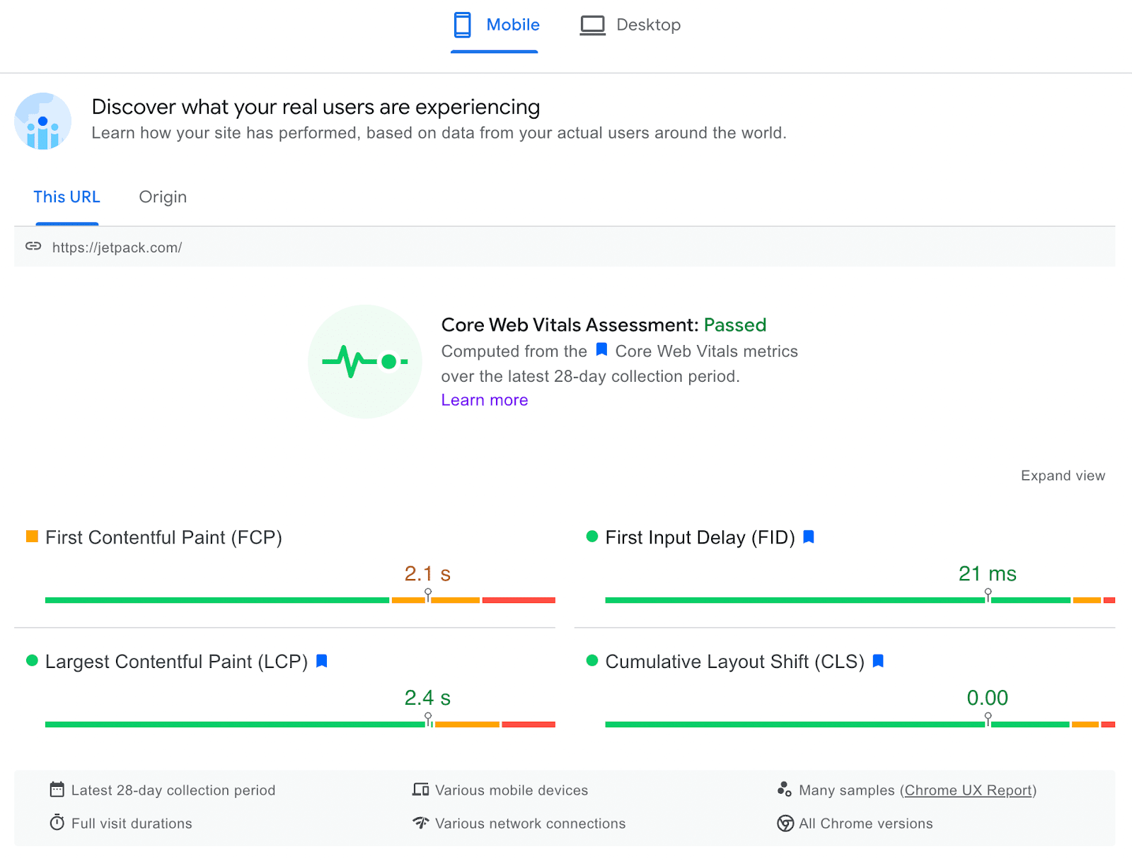 screenshot of Google Core Web Vitals assessment