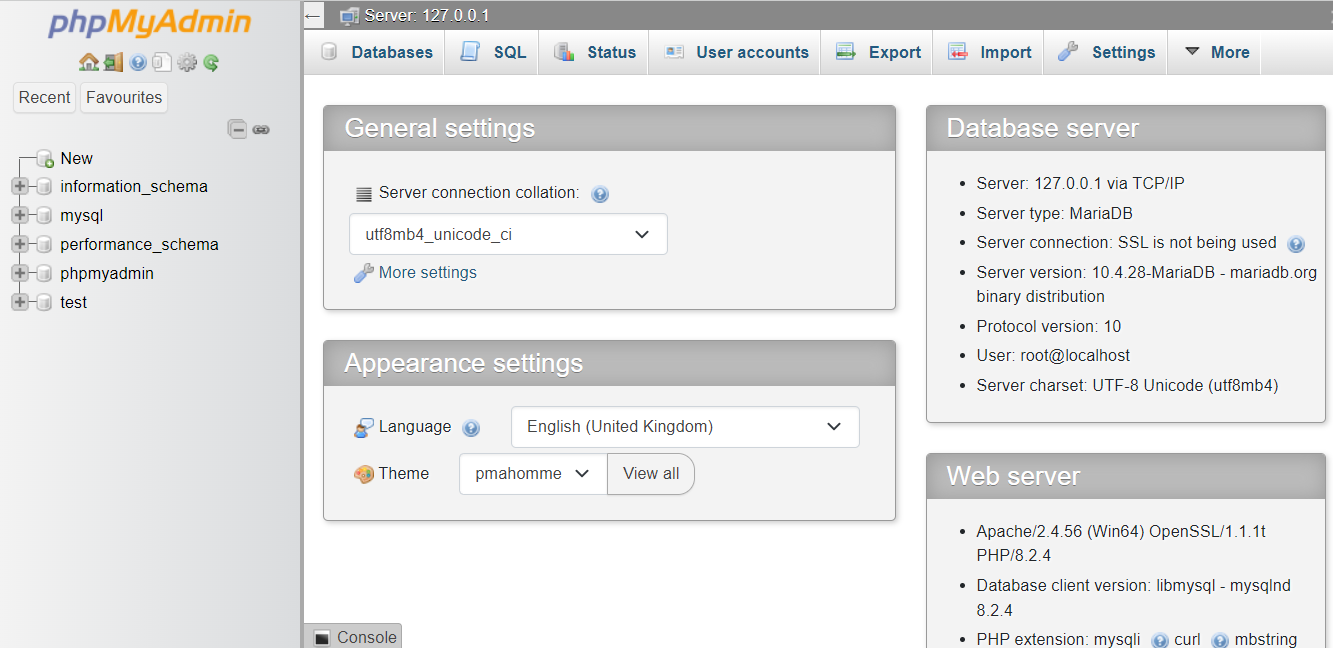 phpMyAdmin dashboard