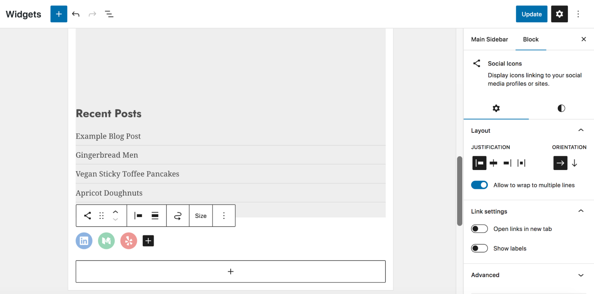 el bloque Iconos sociales debajo de un widget de entradas recientes