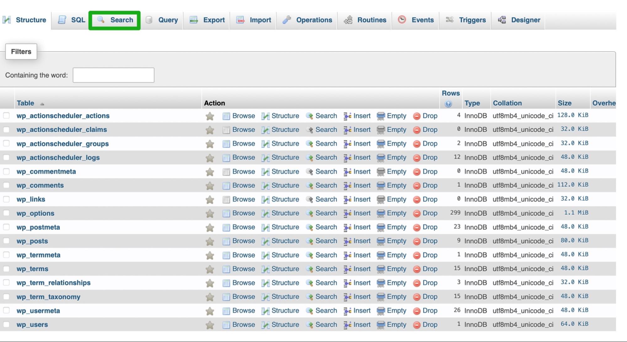 searching in phpMyAdmin