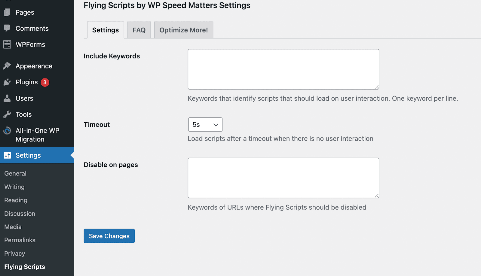 Flying Scripts settings