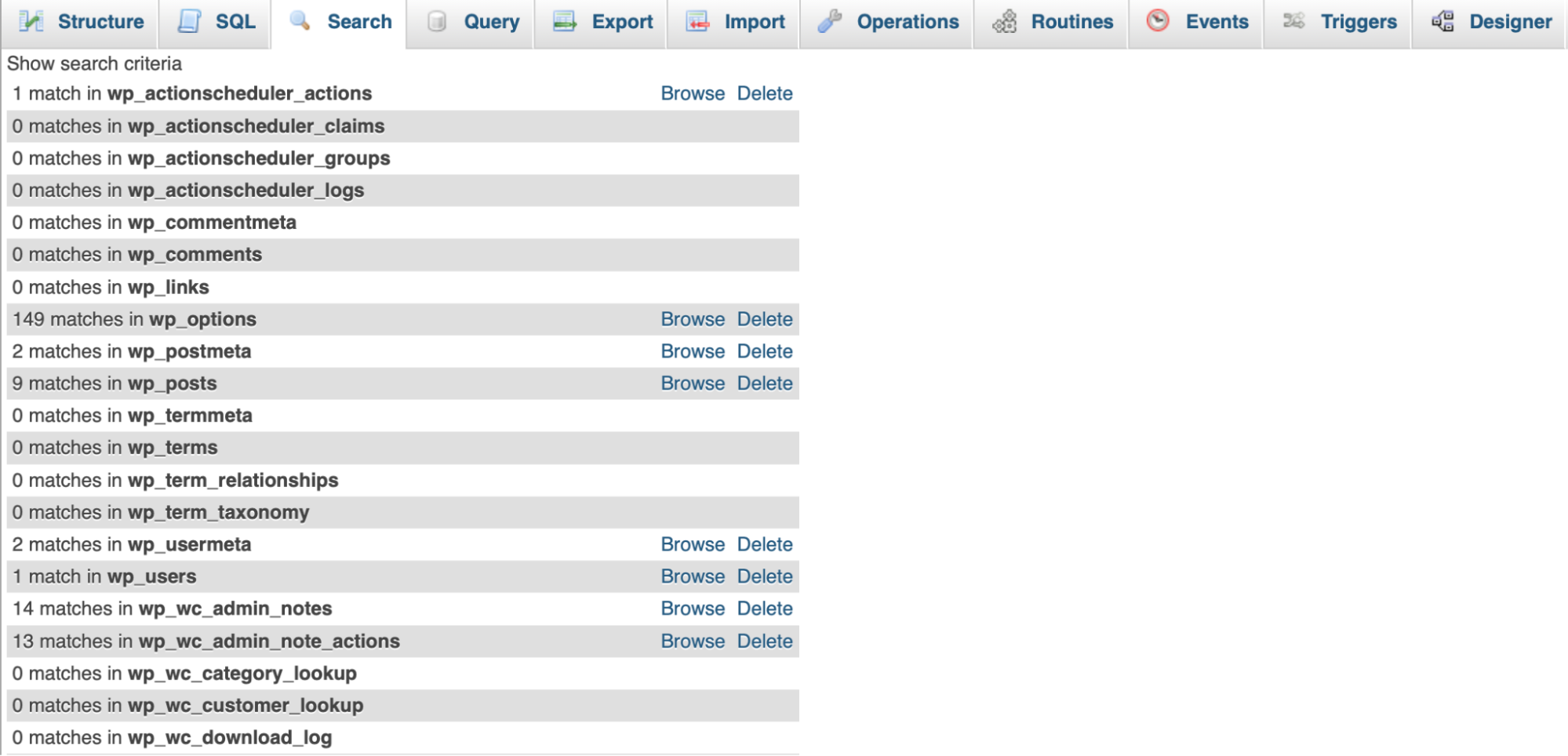 list of search results