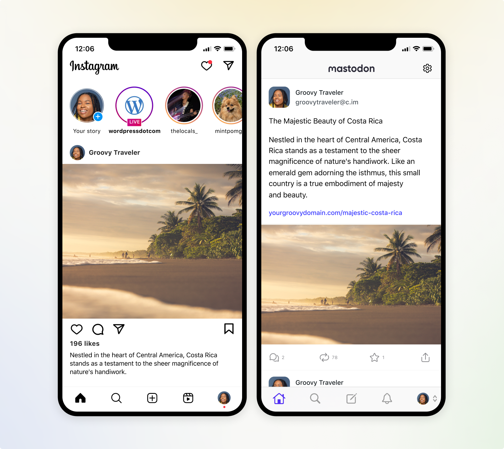 A screenshot of how Jetpack Social will send content to Instagram and Mastodon.