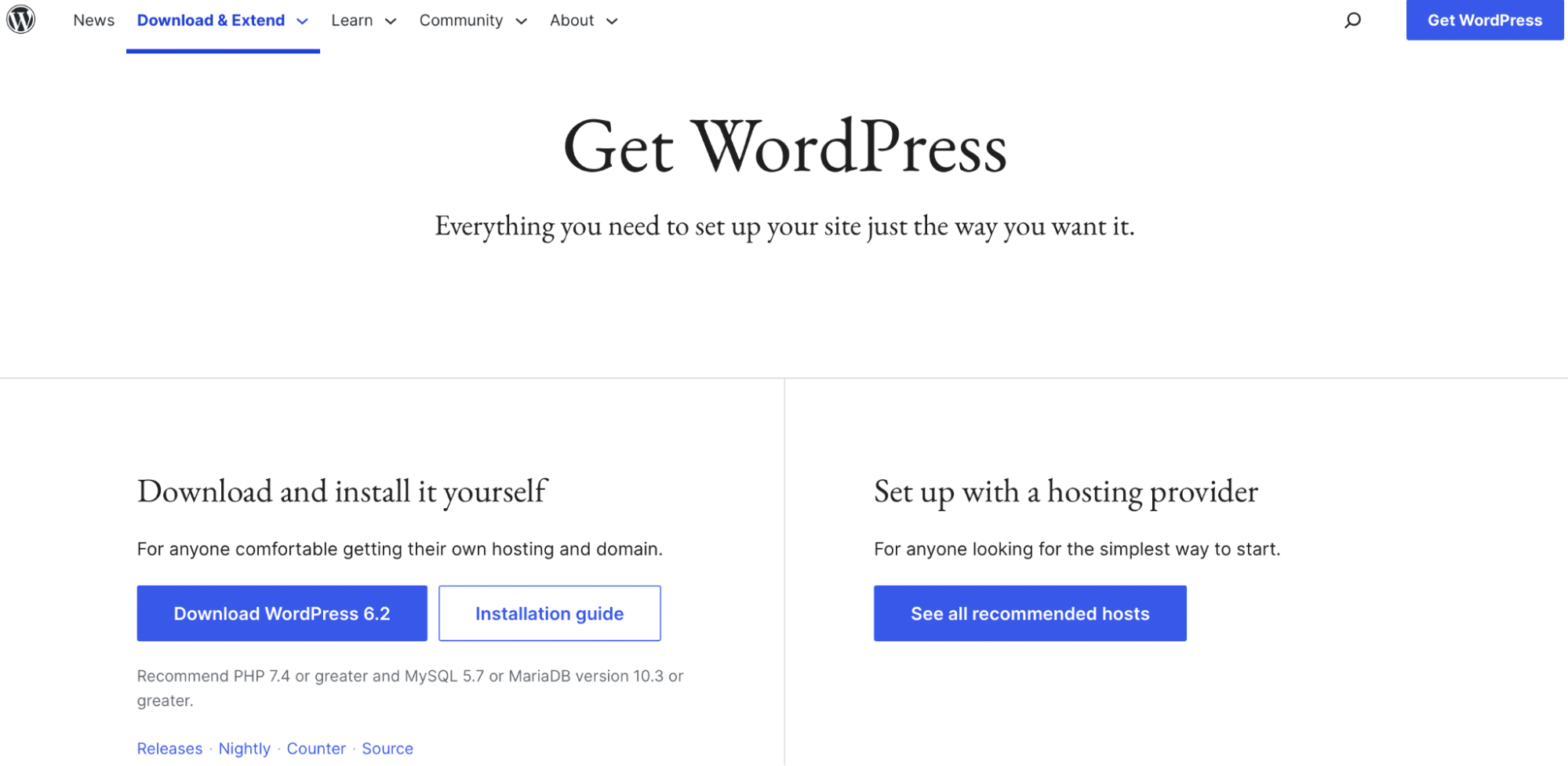 options for downloading WordPress