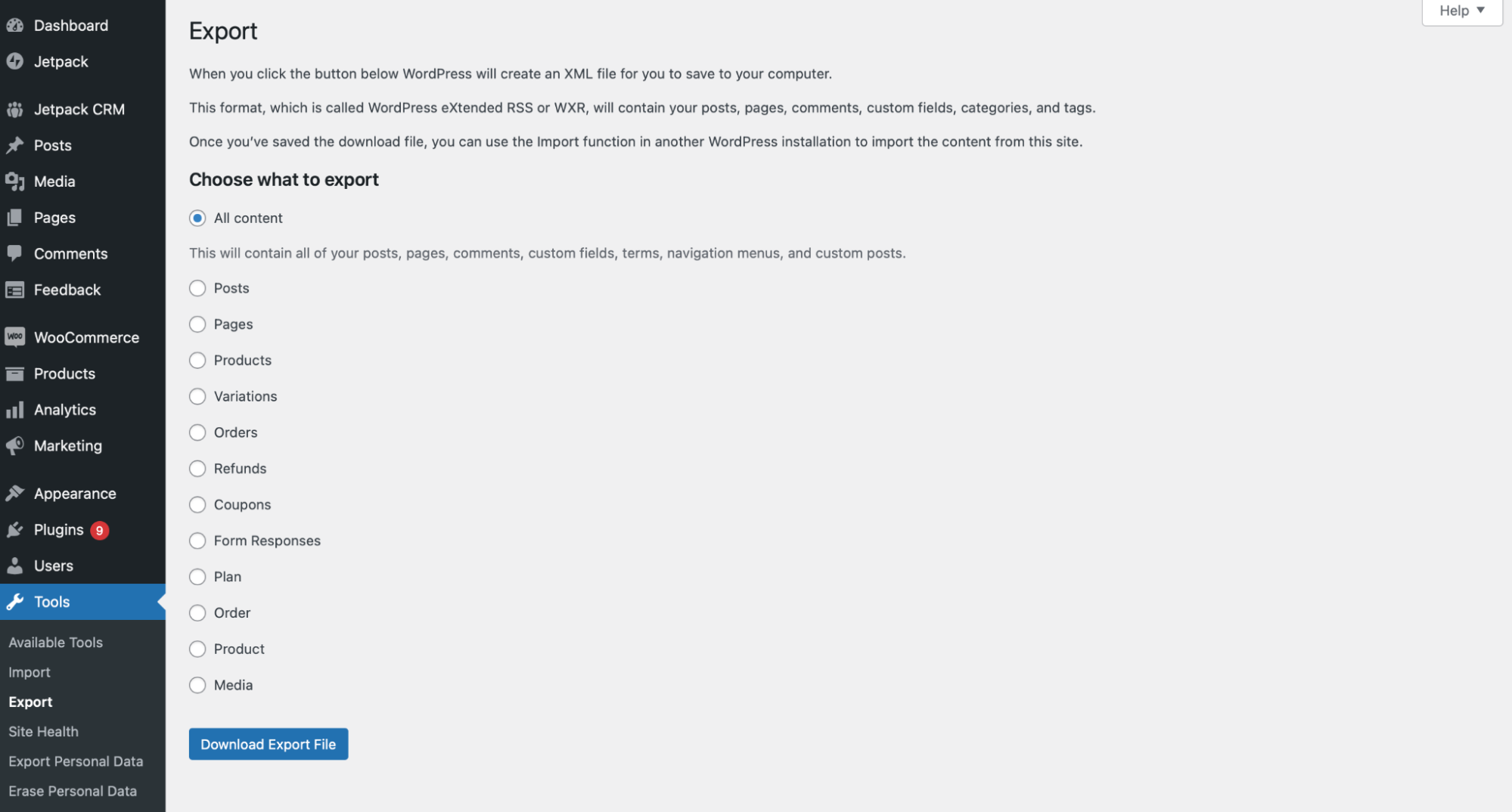 exporting a database in WordPress