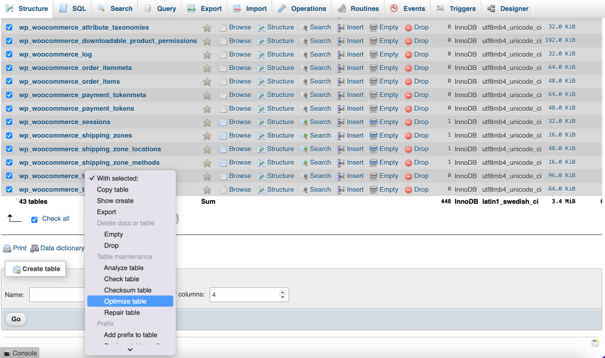 optimizing a database table in phpMyAdmin