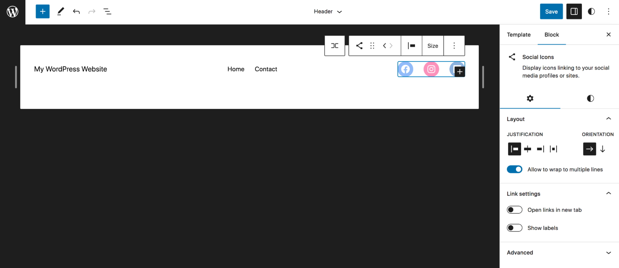tres iconos de redes sociales en una cabecera de WordPress