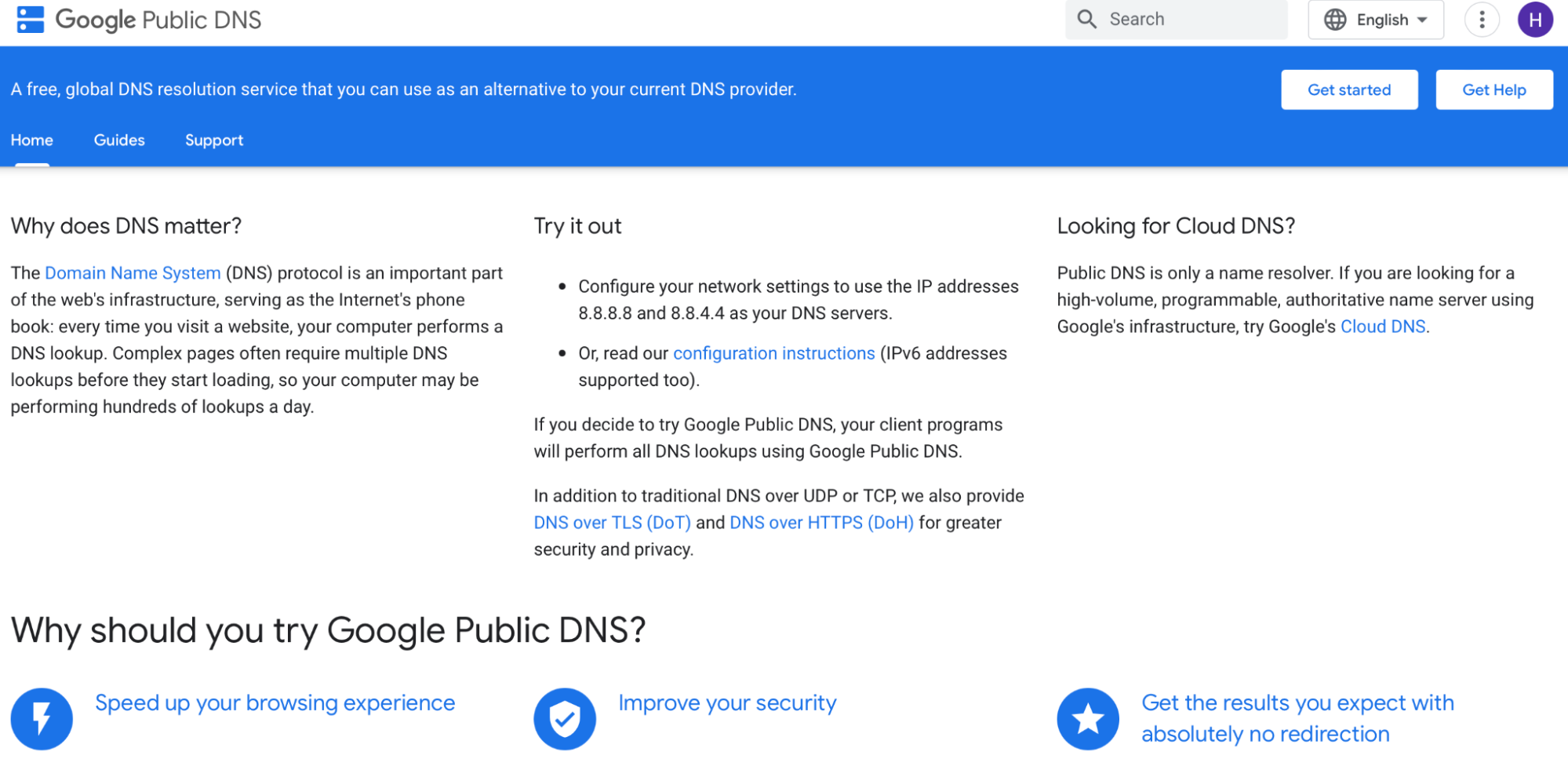 Google Public DNS page