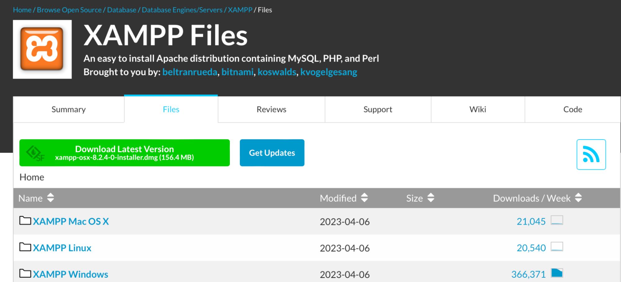 download options for XAMPP files