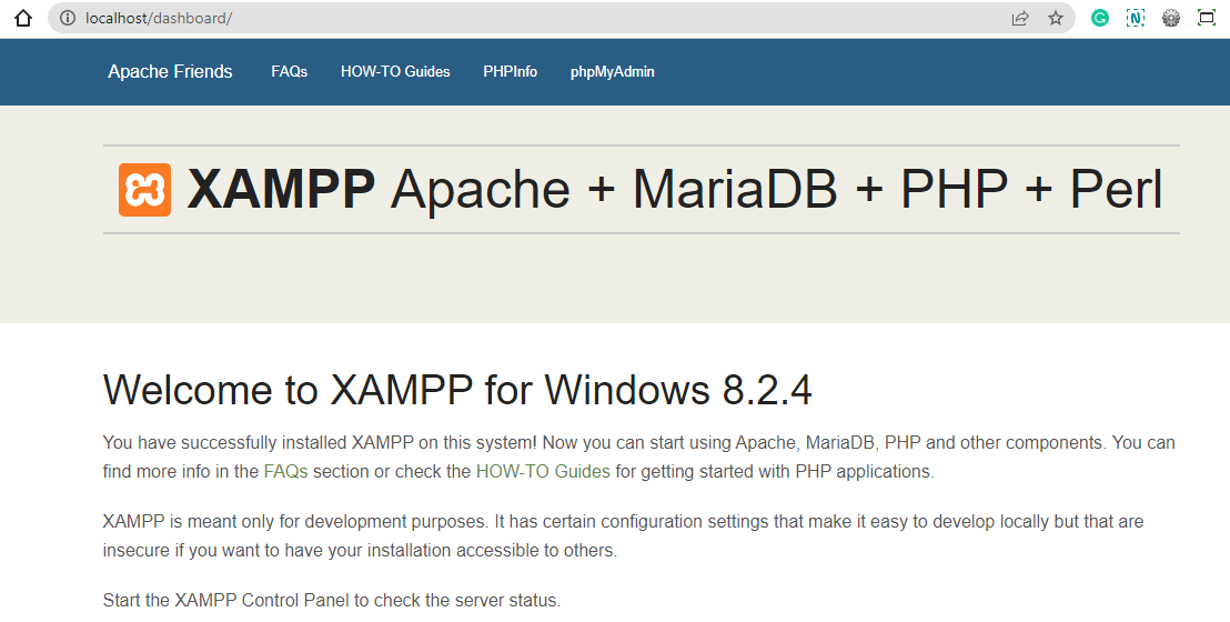 welcome screen for XAMPP