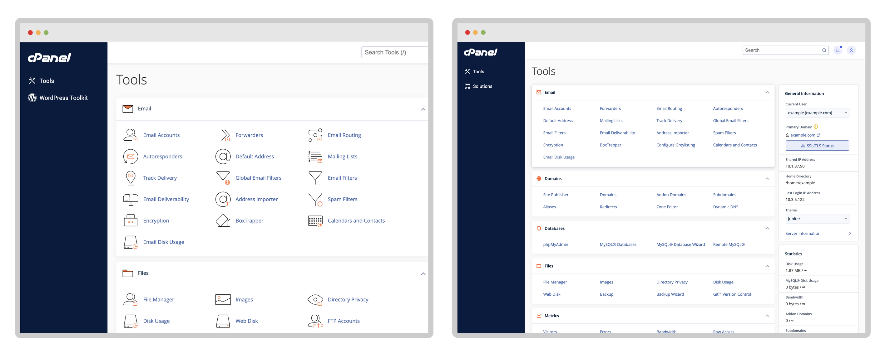screenshots of cPanel dashboard