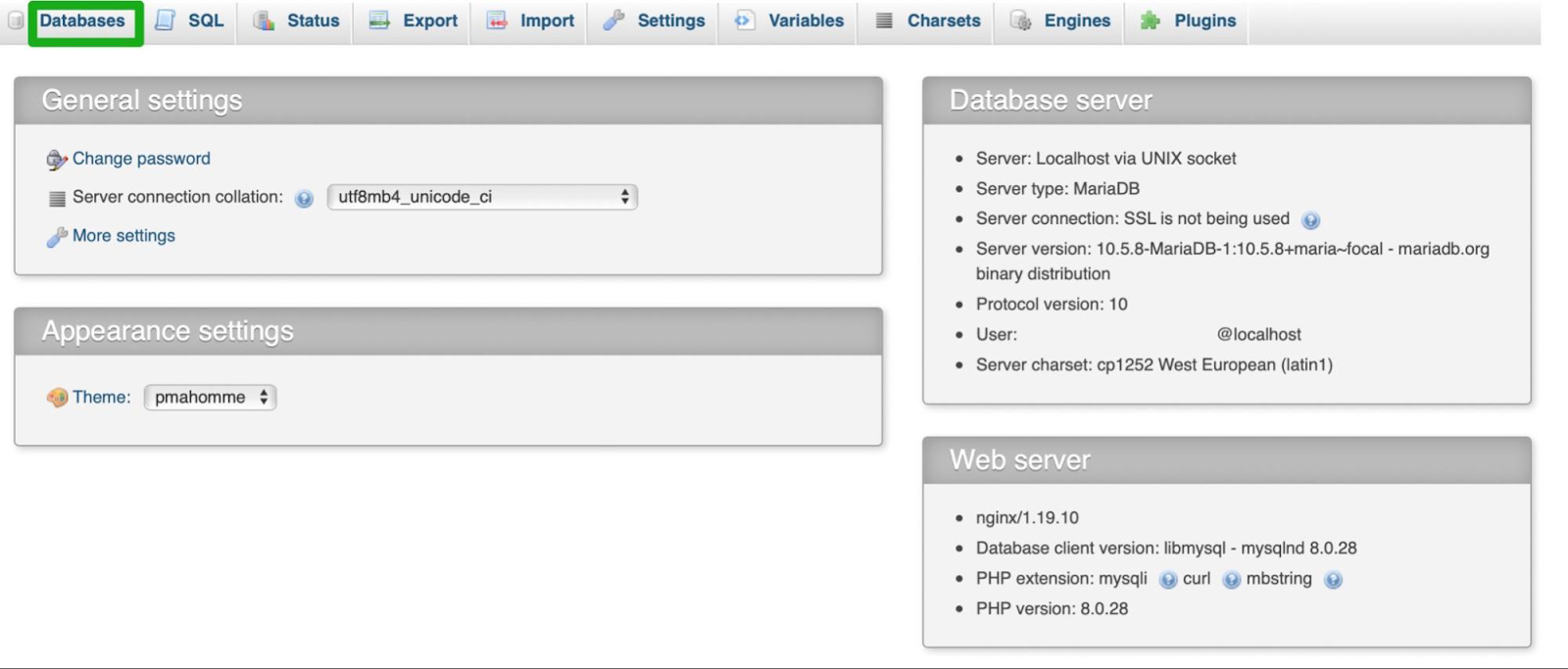 selecting "Databases" in phpMyAdmin
