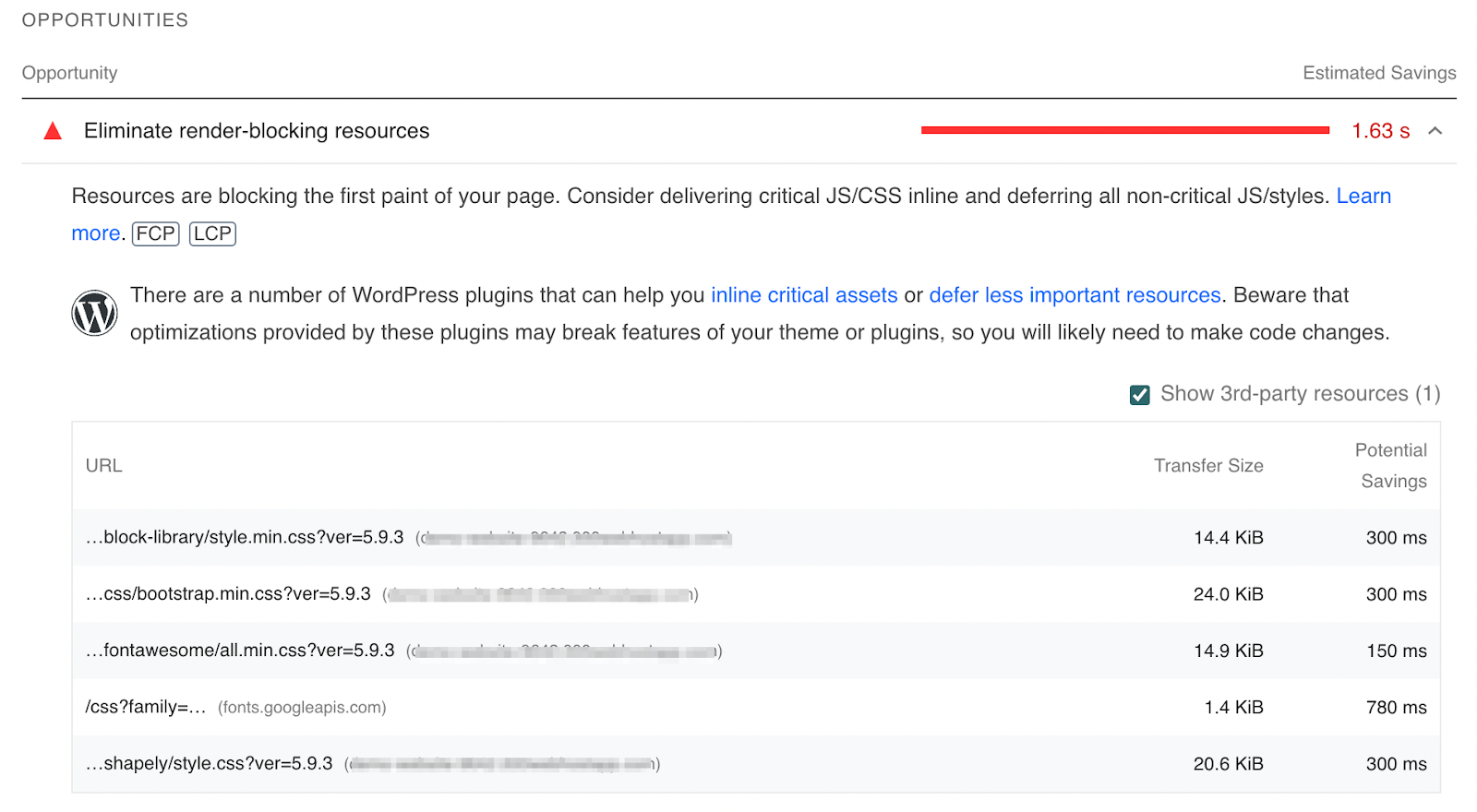 list of render-blocking CSS