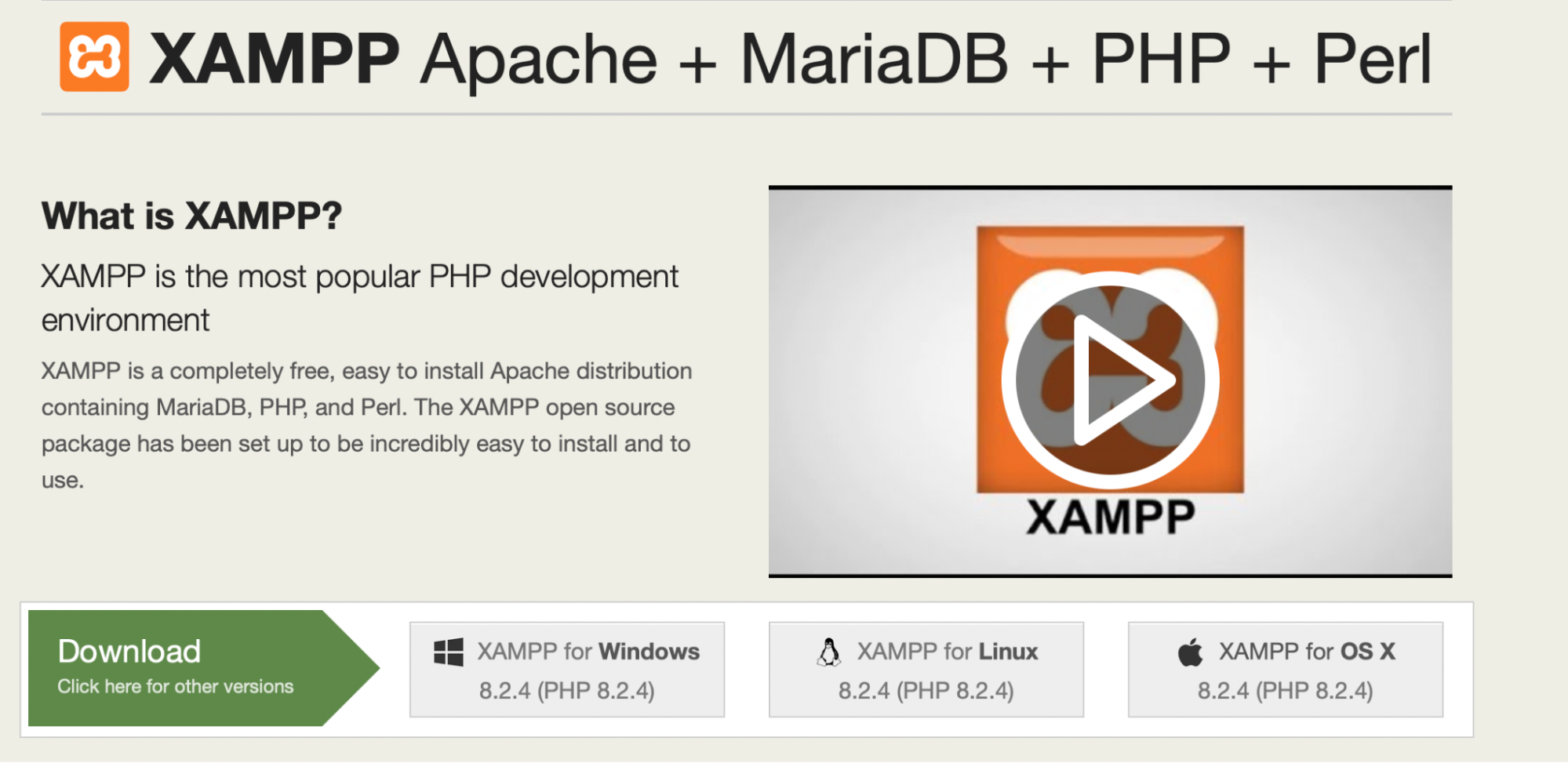 XAMPP homepage with download information