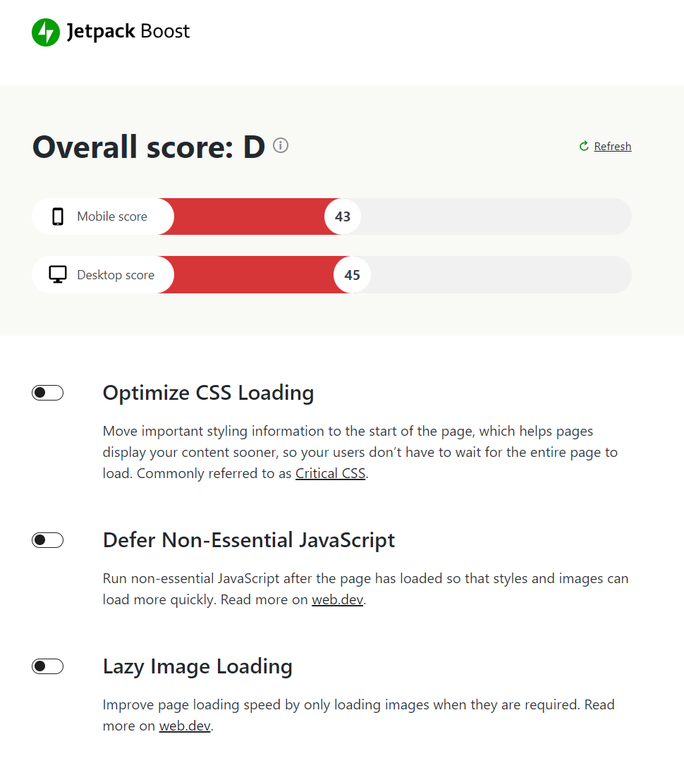 Jetpack Boost analysis and settings