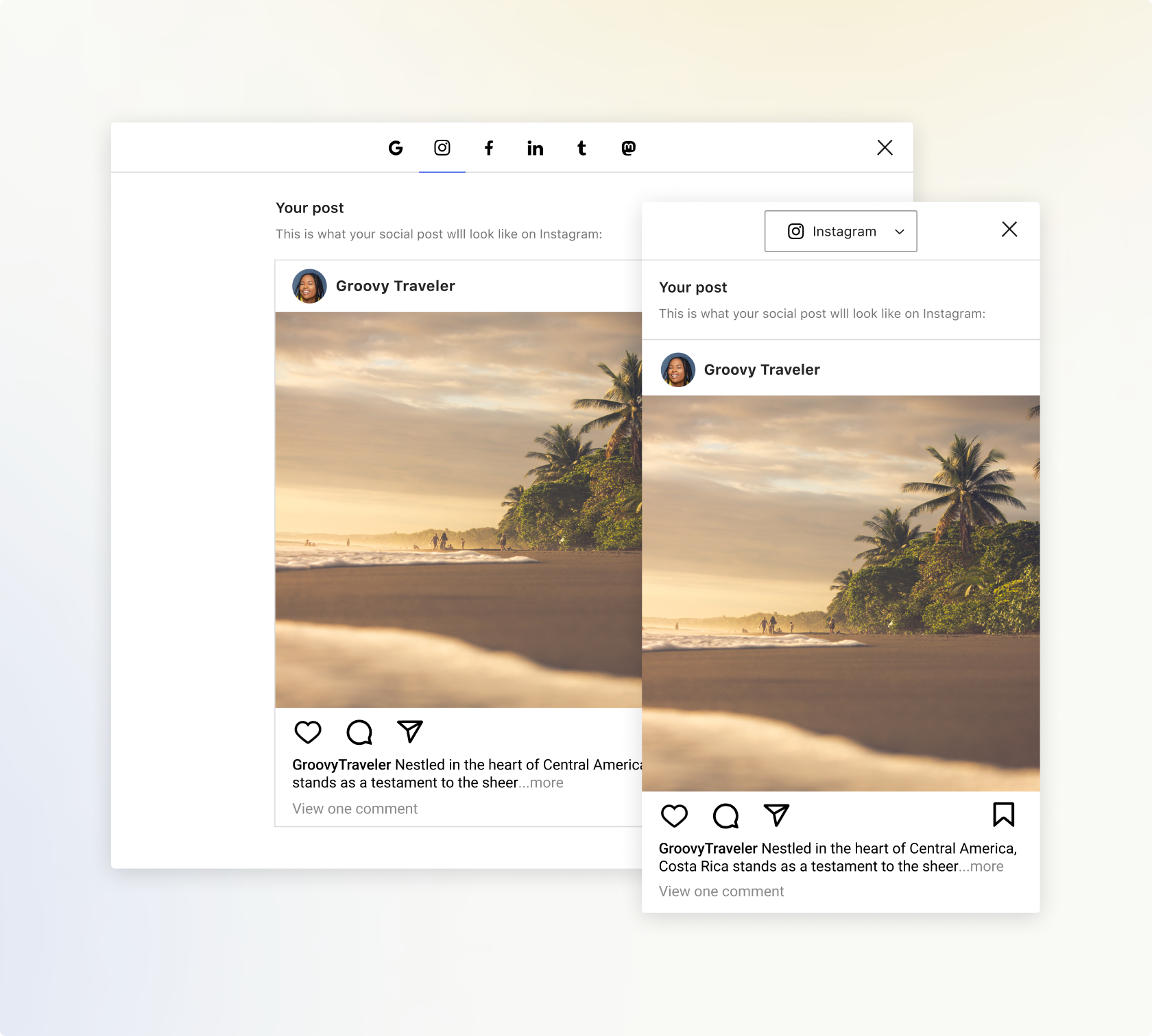 A screenshot of Jetpack Social displaying social previews on each social media network it supports
