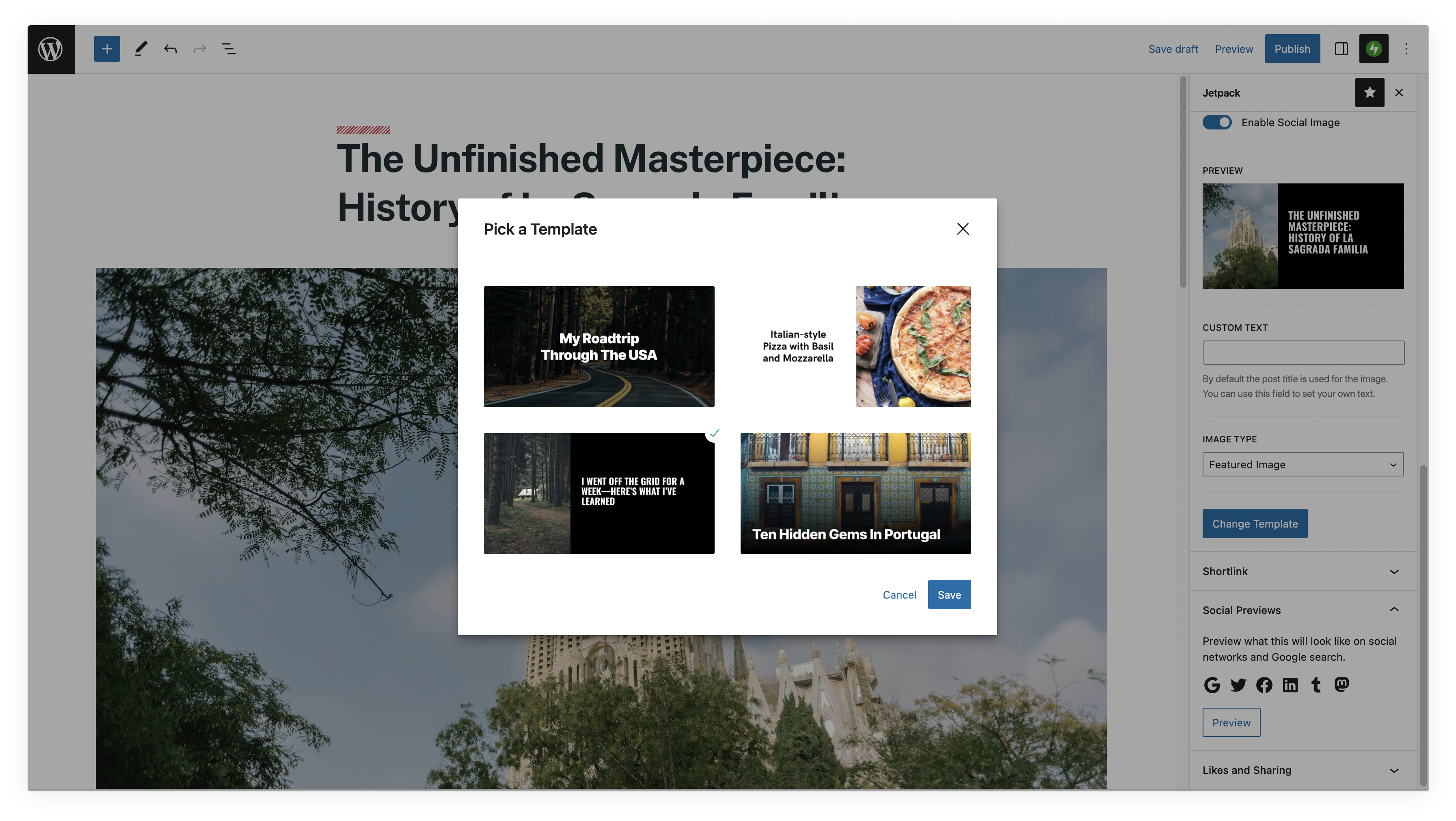 A screenshot of a user choosing a visual template to share on their social media accounts