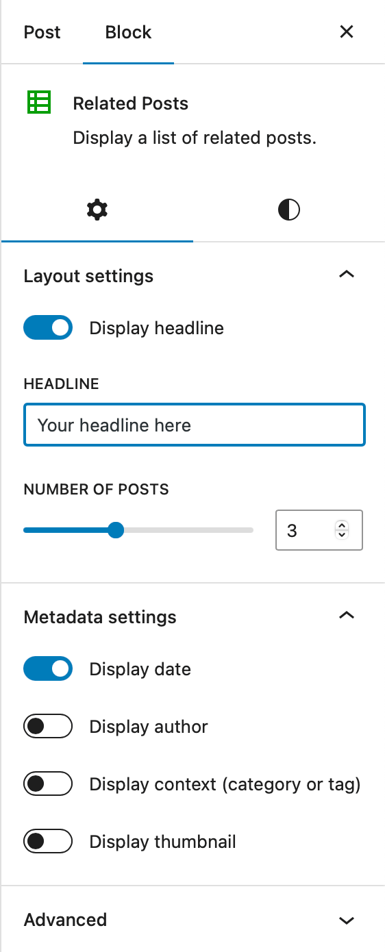 Screenshot of the Block sidebar to adjust layout settings