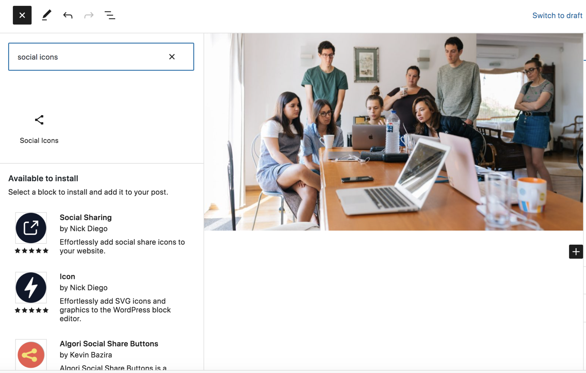 searching for the Social Icons block