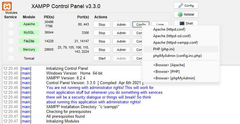 selecting php.ini file in XAMPP
