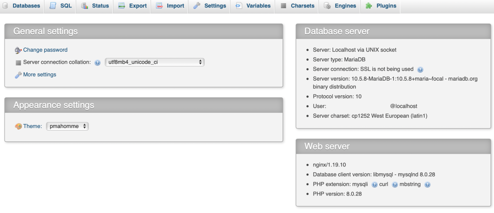 opening screen of phpMyAdmin