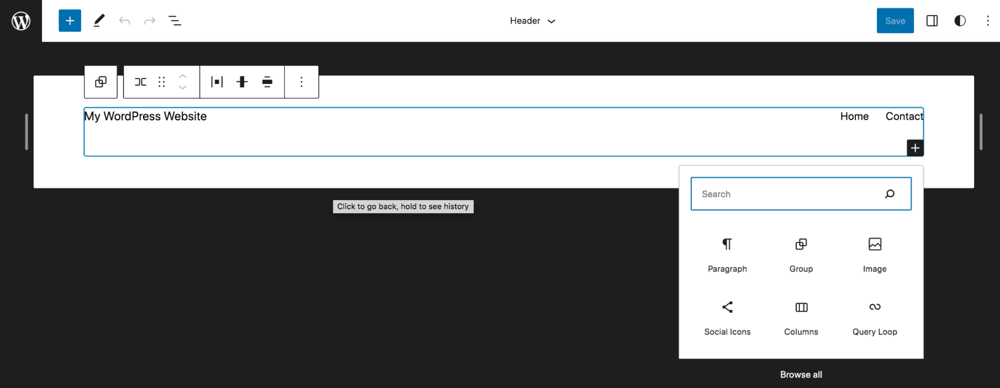 adding the social icons block to a header template part