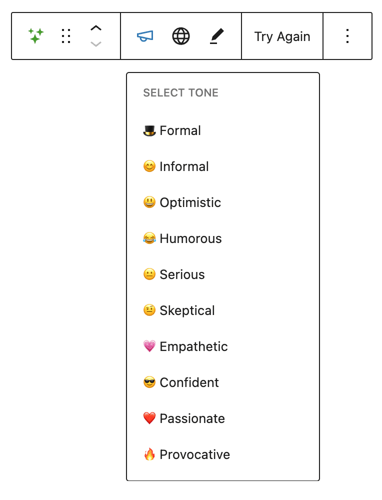 Tone options to choose between for rewriting content