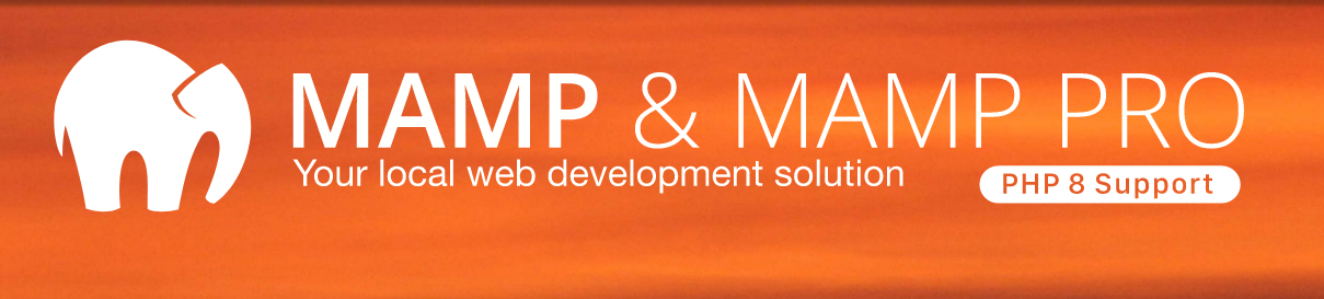 MAMP homepage design with an orange background and elephant logo