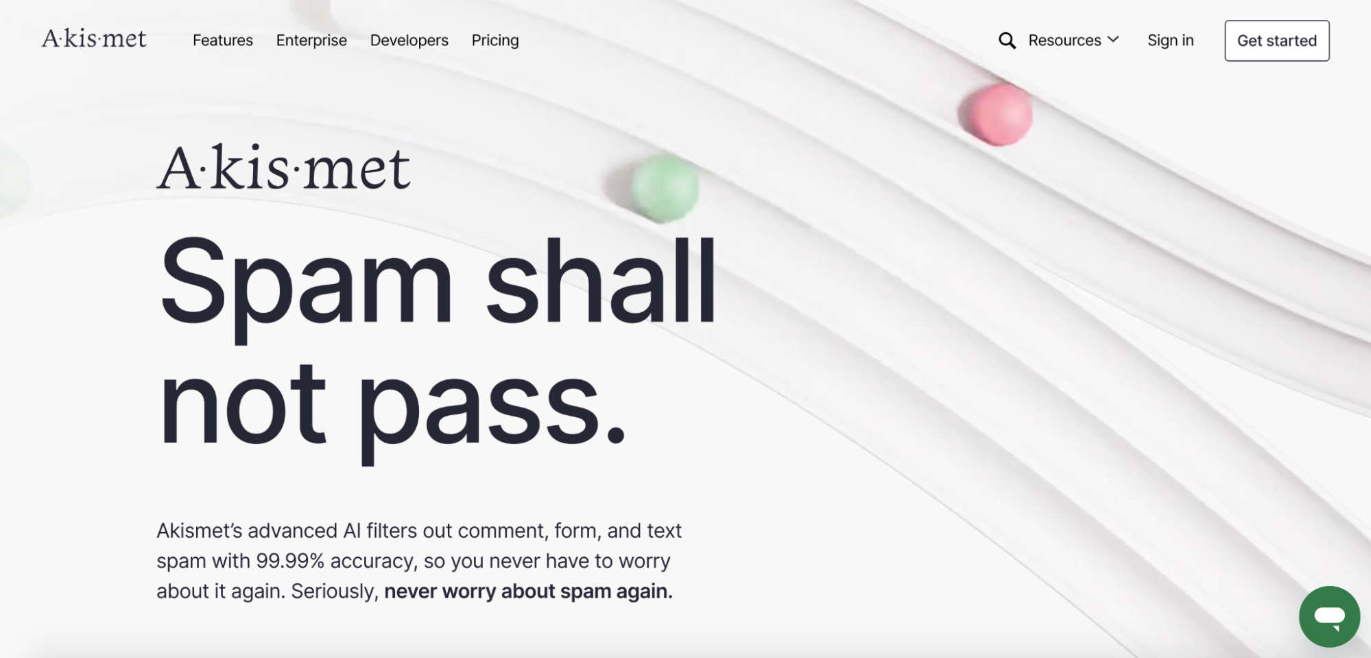 Akismet homepage with the text "spam shall not pass"