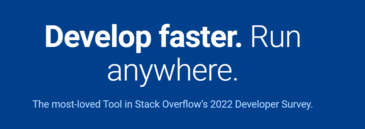 blue background with white text saying "develop faster. run anywhere."