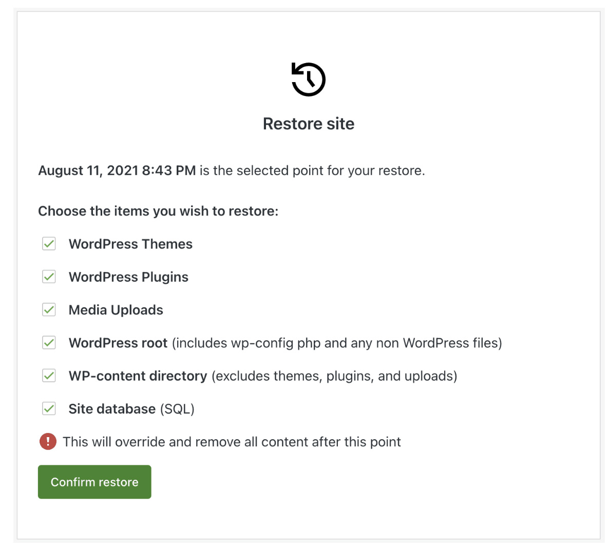 Select the components of your site that you'd like to restore.