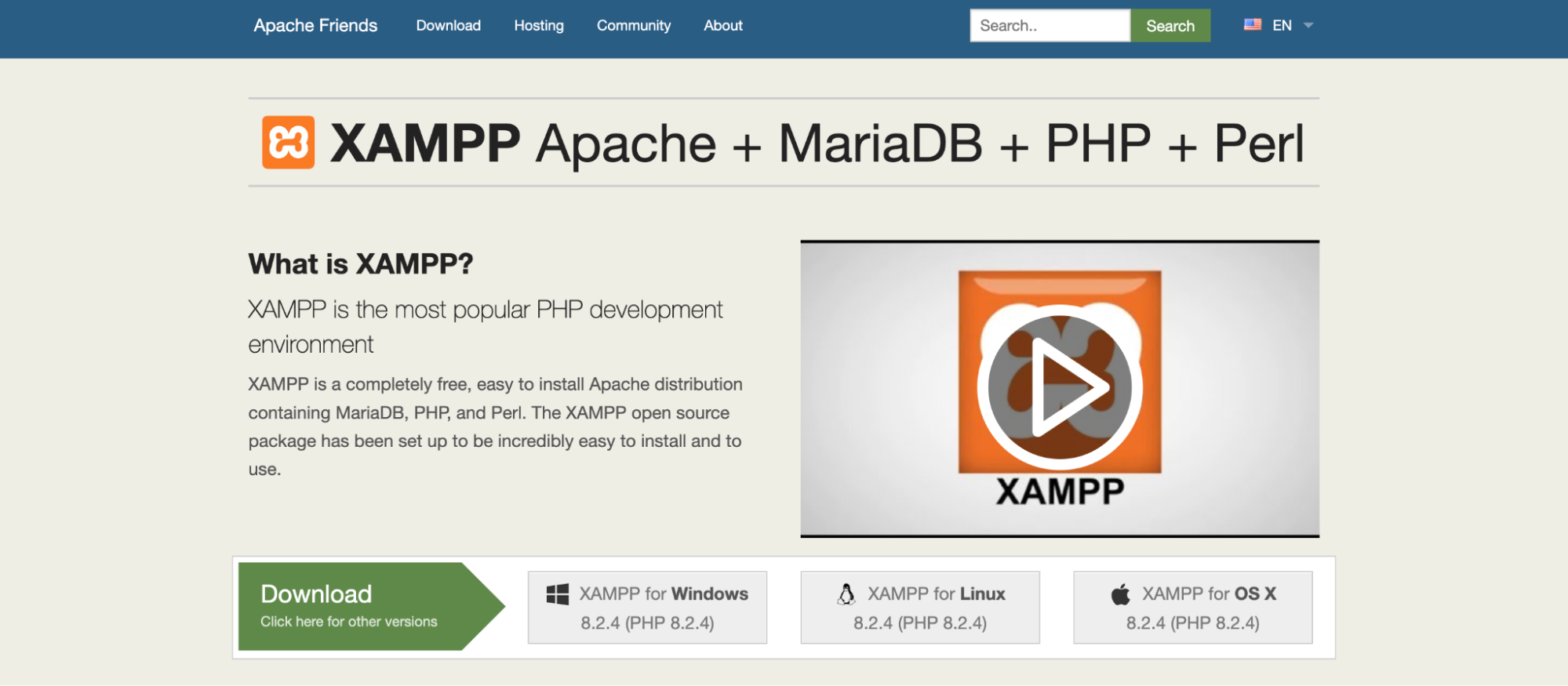 XAMPP homepage with download options