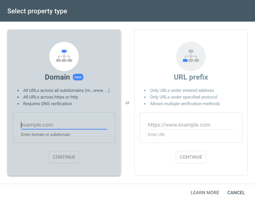 property type options in Google Search Console
