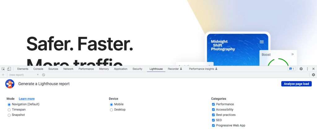 Lighthouse Report from Google with analysis settings