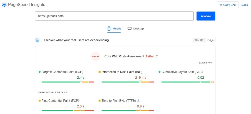 PageSpeed Insights report for Jetpack.com