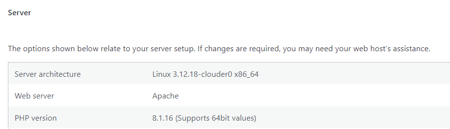 server information shown in WordPress